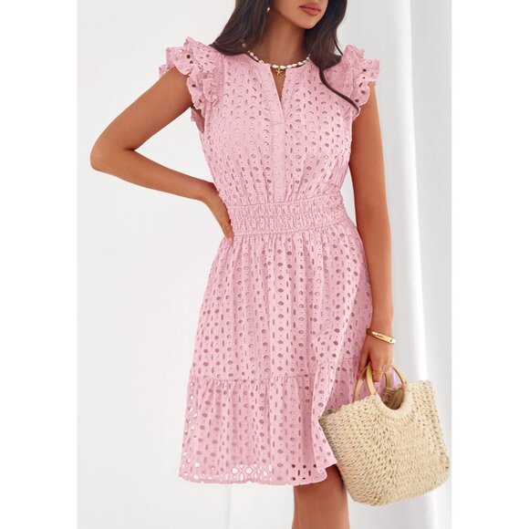 Women's Pink V Neck Eyelet Cap Sleeve Summer Beach Vacation Sundresseses - Picture 7 of 8